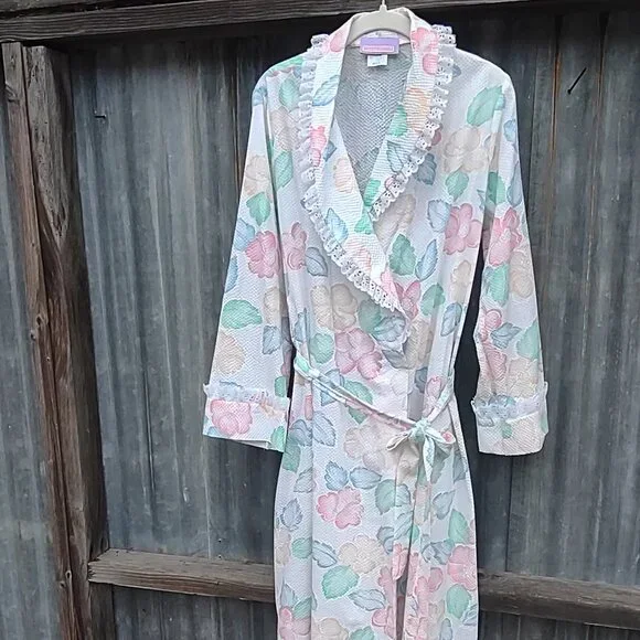 Vintage Beth Michaels Floral Seersucker & Lace Robe Cottage Garden  Medium NWOT - Picture 4 of 14